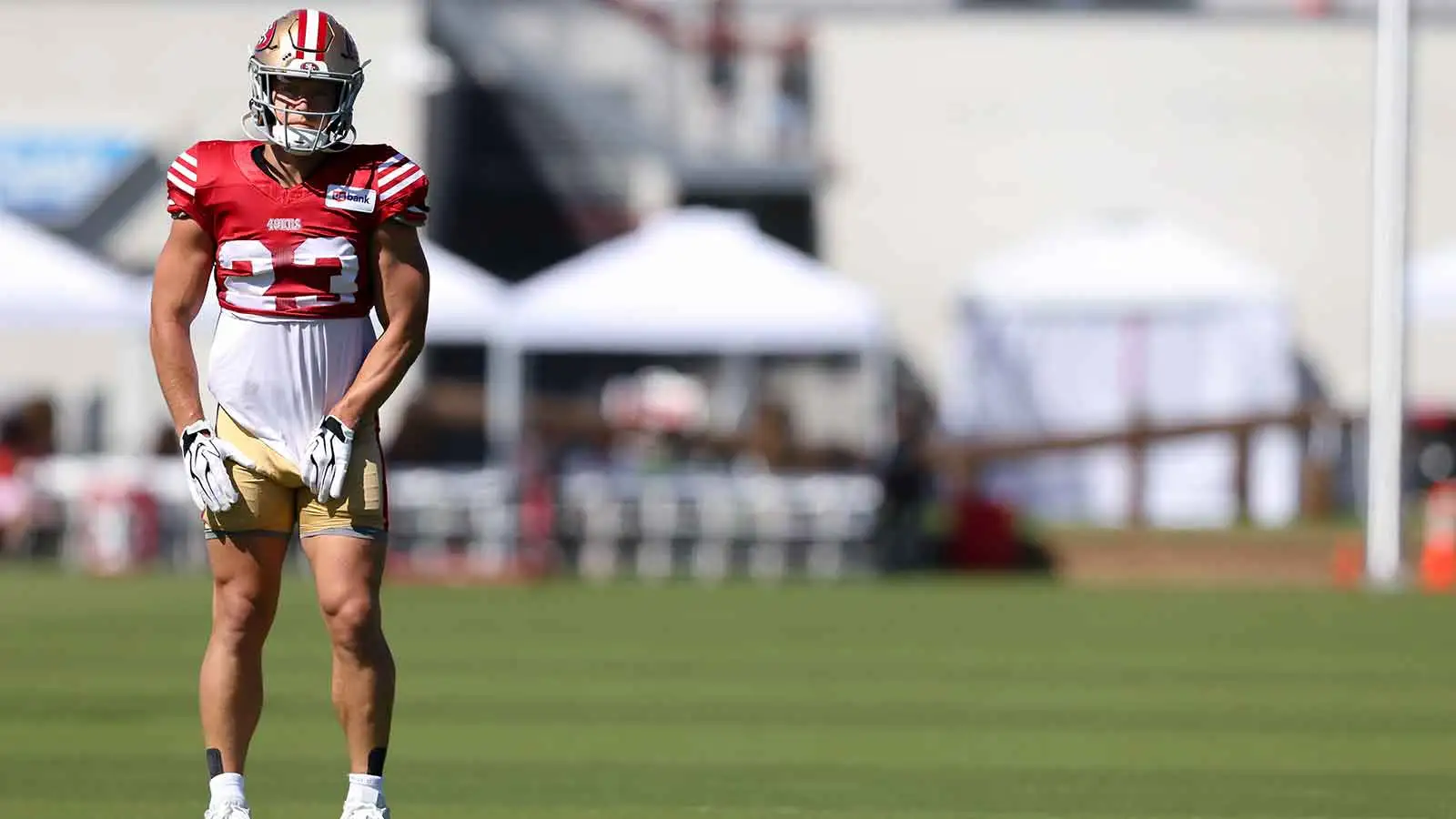 Aug 3, 2026; San Francisco, CA, USA; San Francisco 49ers running back Christian McCaffrey (23) during training camp at Levi's Stadium. Mandatory Credit: Sergio…