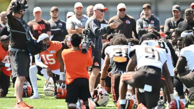 Aug 4, 2026; Berea, OH, USA; Cleveland Browns head coach Todd Monken talks to the team during training camp at CrossCountry Mortgage Campus. Mandatory Credit: K…