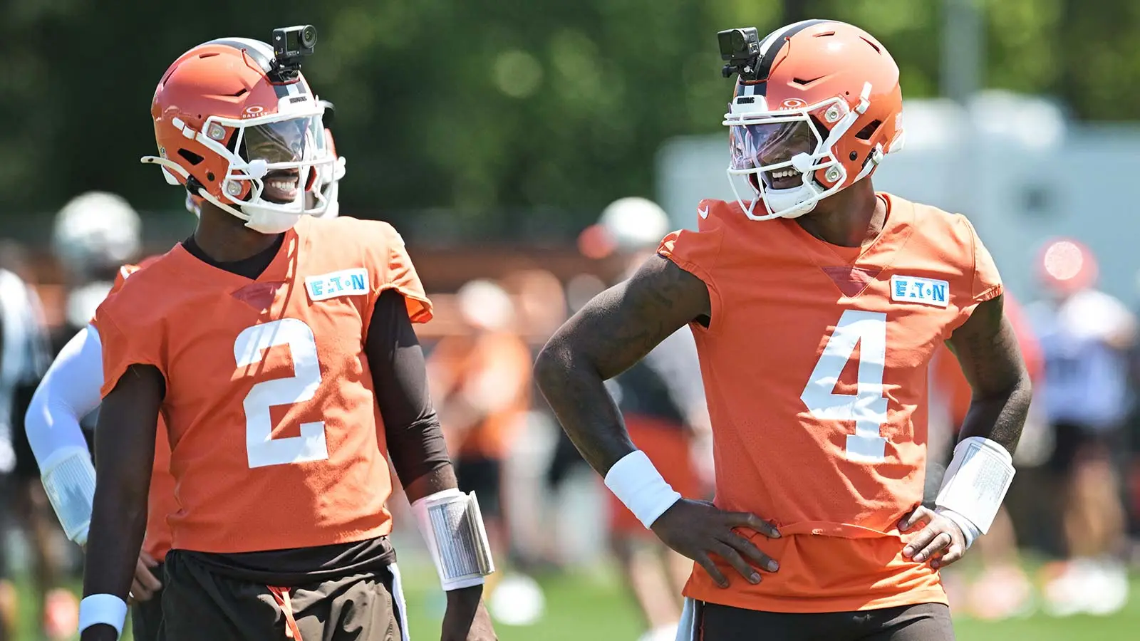Jul 30, 2026; Berea, OH, USA; Cleveland Browns quarterback Shedeur Sanders (2) and quarterback Deshaun Watson (4) talk during training camp at CrossCountry Mort…