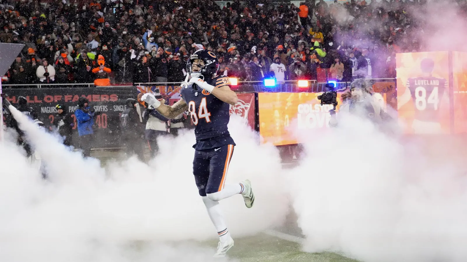 Jan 18, 2026; Chicago, IL, USA; Chicago Bears tight end Colston Loveland (84) runs onto the field during player introductions before an NFC Divisional Round gam…