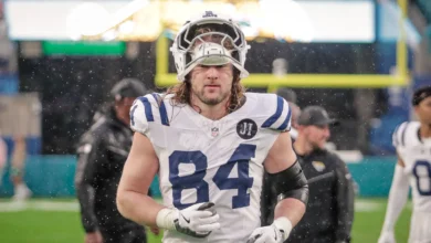 Dec 7, 2025; Jacksonville, Florida, USA;Indianapolis Colts tight end Tyler Warren (84) leaves the field after a loss to the Jacksonville Jaguarsat EverBank Stad…