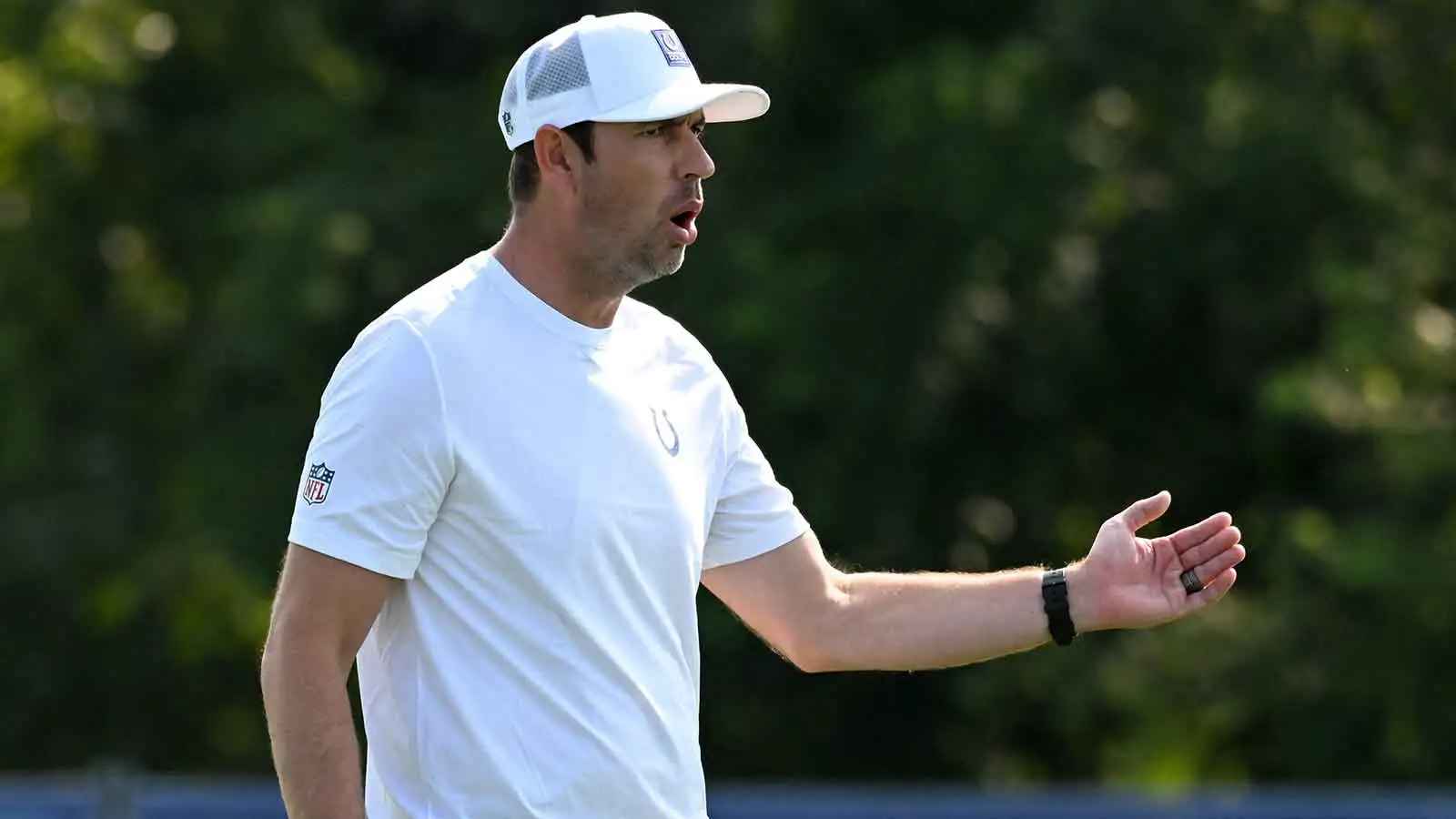 Jul 29, 2026; Westfield, IN, USA; Indianapolis Colts head coach Shane Steichen instructs his team on day one of training camp at Grand Park Sports Campus. Manda…