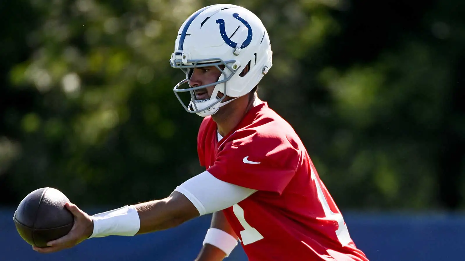 Jul 30, 2026; Westfield, IN, USA; Indianapolis Colts quarterback Daniel Jones (17) participates in a drill on day two of training camp at Grand Park Sports Camp…