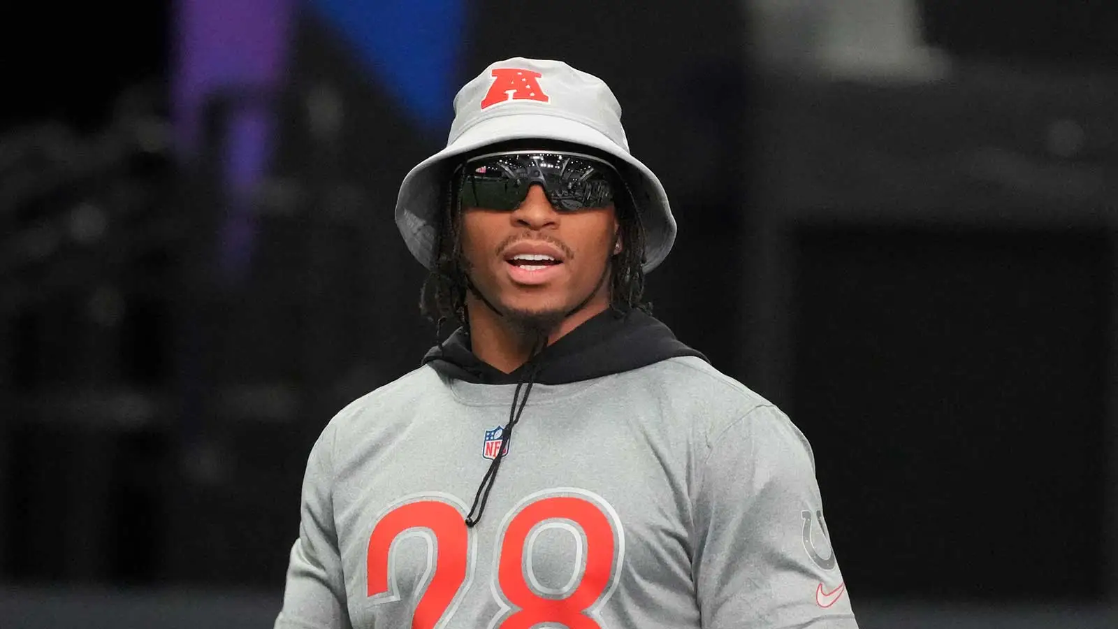 Feb 2, 2026; San Francisco, CA, USA; Indianapolis Colts running back Jonathan Taylor (28) during AFC practice at the NFL Flag Fieldhouse at Moscone Center South…