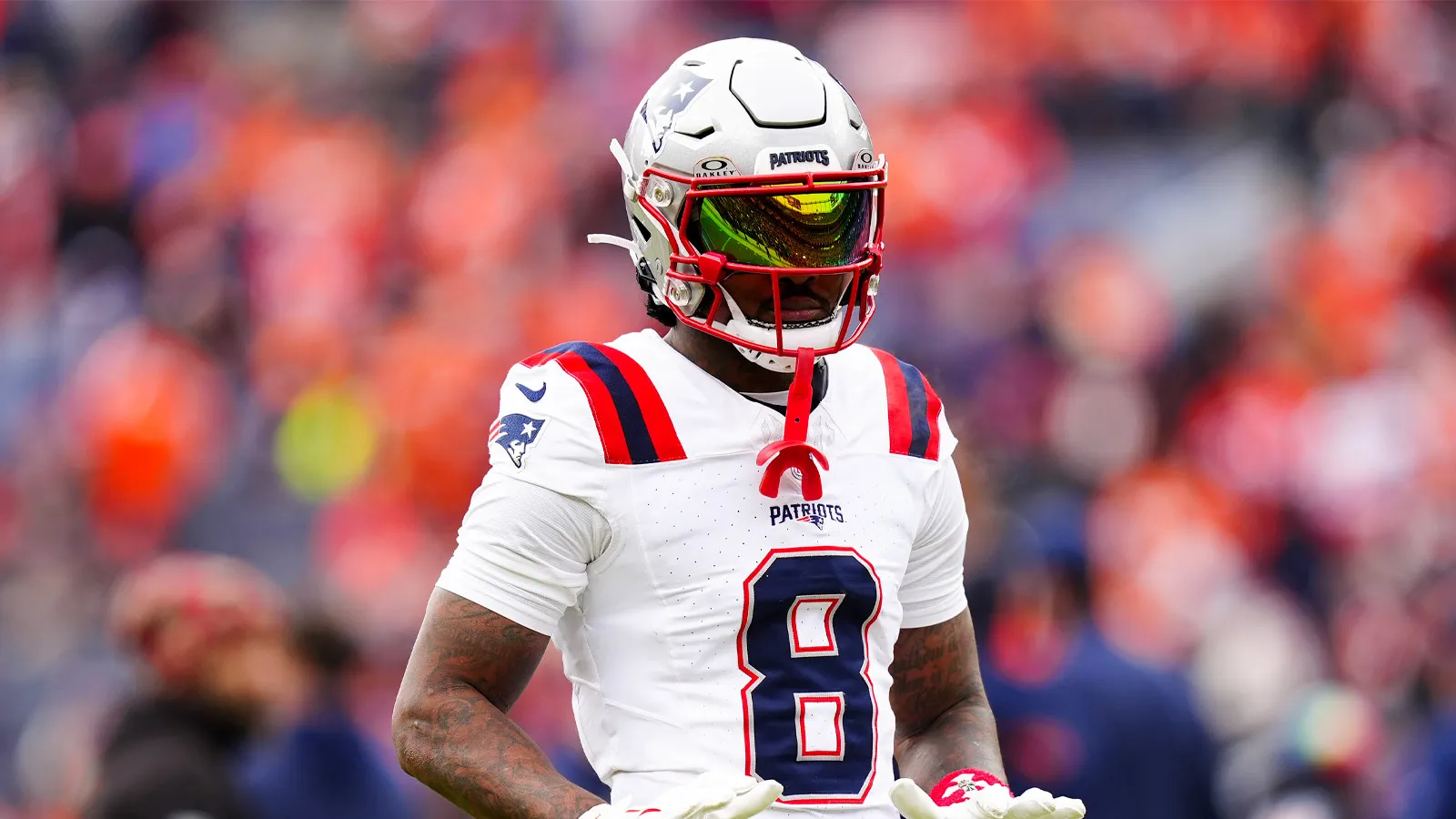 Jan 25, 2026; Denver, CO, USA; New England Patriots wide receiver Stefon Diggs (8) practices before the 2026 AFC Championship Game at Empower Field at Mile High…