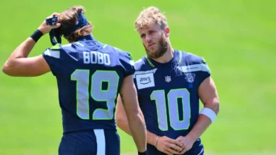 Jun 9, 2026; Renton, WA, USA; Seattle Seahawks wide receiver Cooper Kupp (10) talks to wide receiver Jake Bobo (19) during minicamp at Virginia Mason Athletic C…