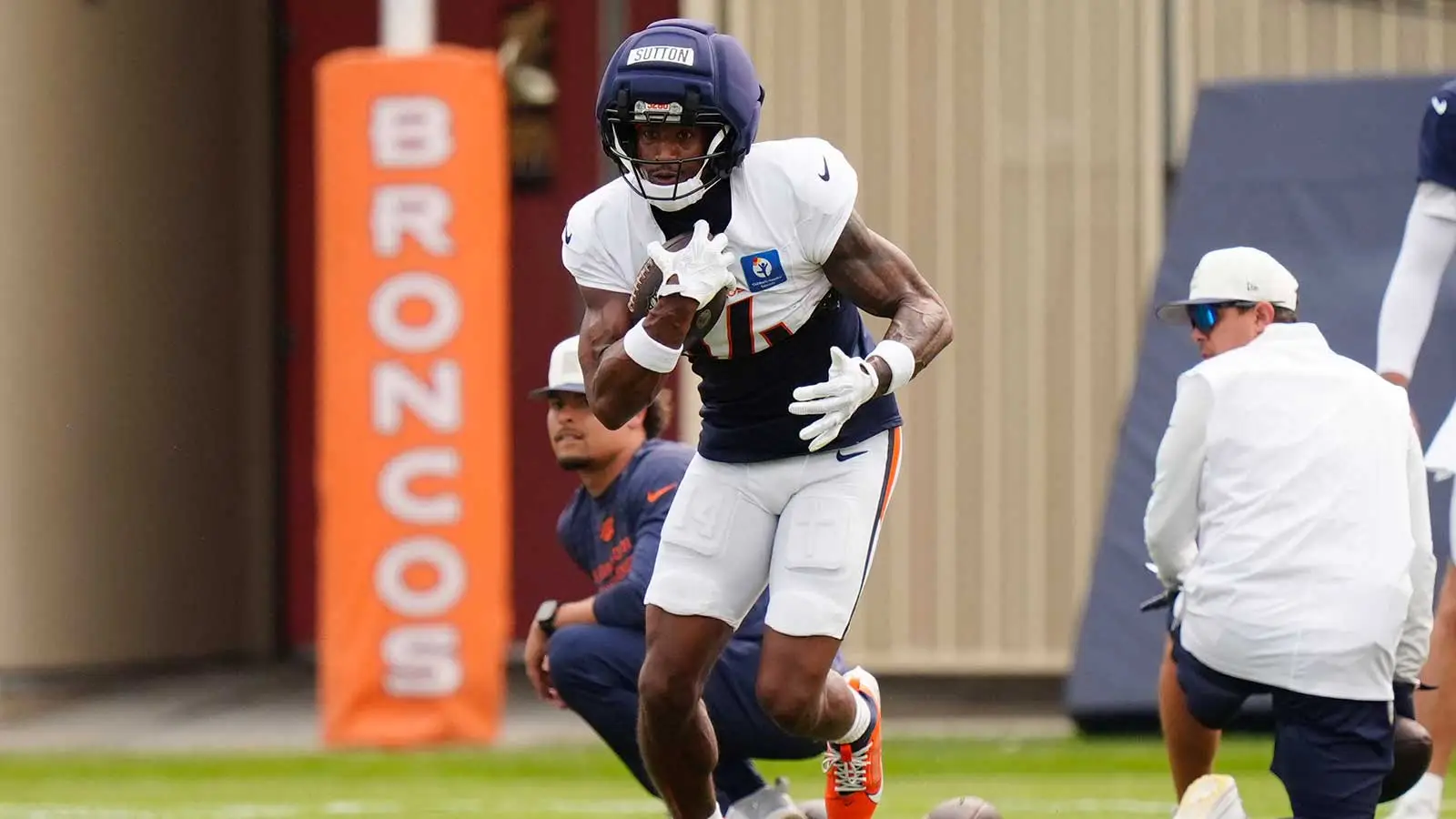 Aug 3, 2026; Englewood, CO, USA; Denver Broncos wide receiver Courtland Sutton (14) during training camp at Broncos Park. Mandatory Credit: Ron Chenoy-Imagn Ima…