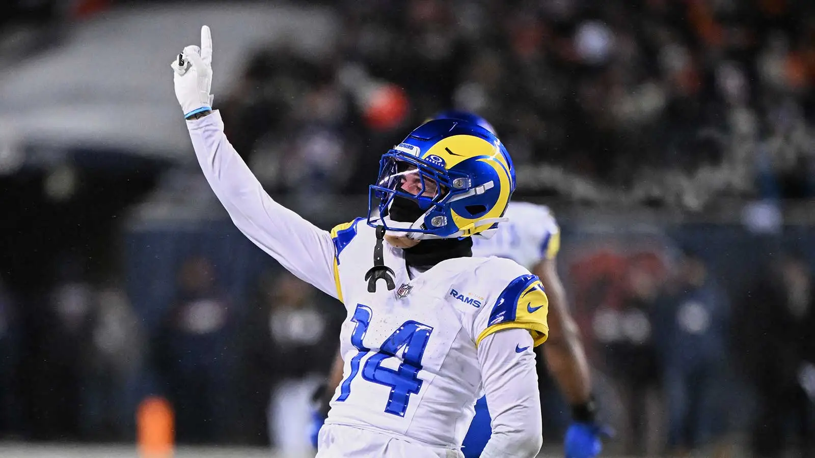 Jan 18, 2026; Chicago, IL, USA; Los Angeles Rams cornerback Cobie Durant (14) reacts to a rushing touchdown scored by running back Kyren Williams (not pictured)…