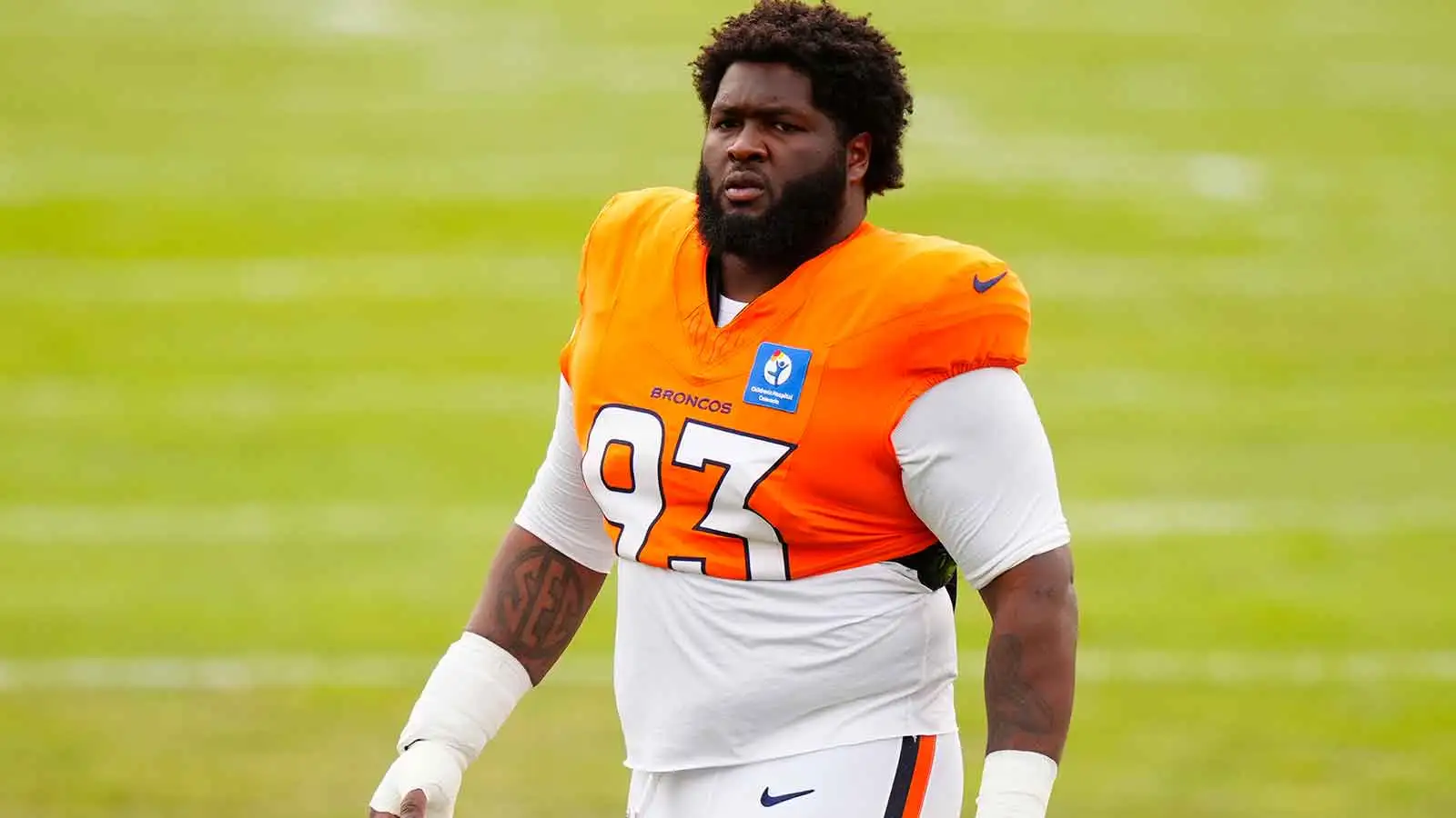 Aug 3, 2026; Englewood, CO, USA; Denver Broncos defensive tackle D.J. Jones (93) before the start of training camp at Broncos Park. Mandatory Credit: Ron Chenoy…