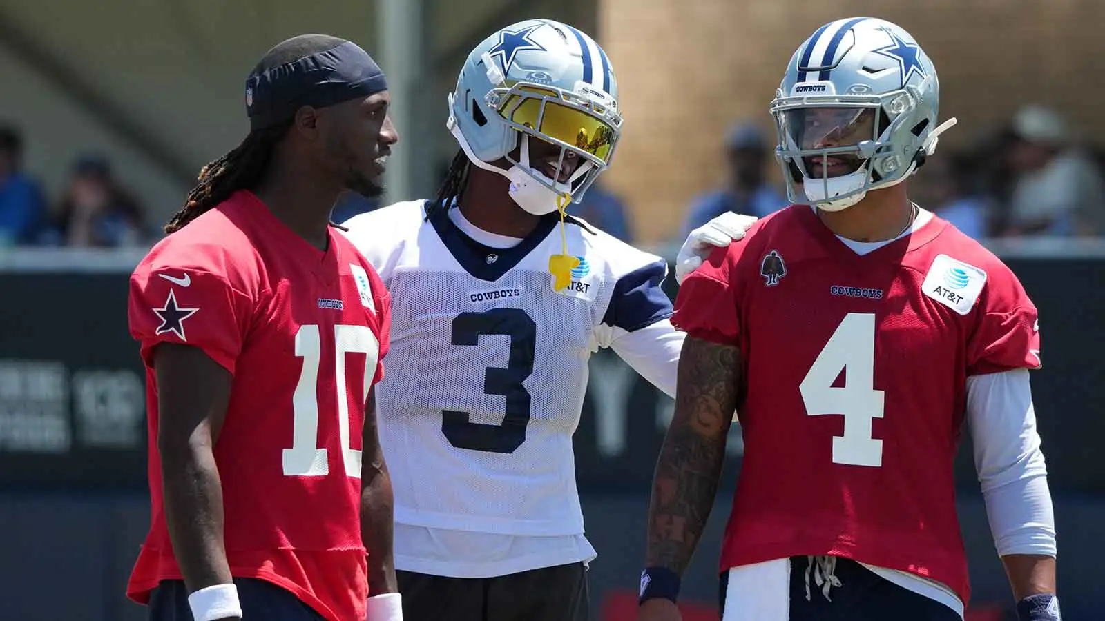 Aug 1, 2026; Oxnard, CA, USA; Dallas Cowboys quarterback Joe Milton III (10), receiver George Pickens (3) and quarterback Dak Prescott (4) at training camp at R…