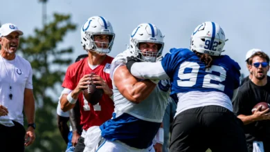 Colts quarterback Daniel Jones throwing during 2026 training camp practice at Grand Park