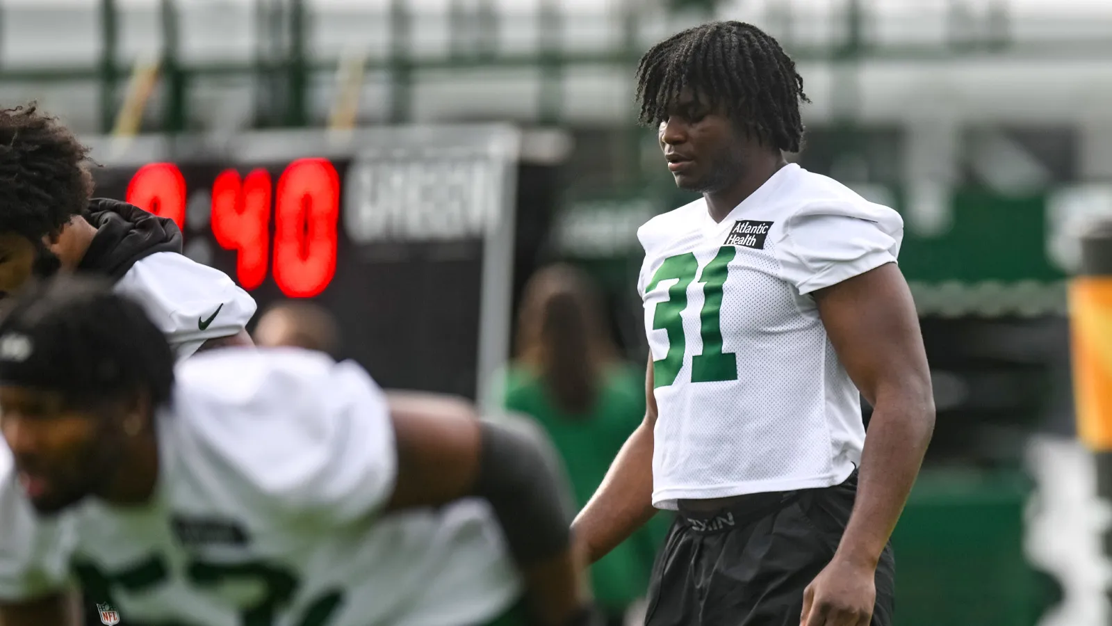 Jul 29, 2026; Florham Park, NJ, USA; New York Jets edge David Bailey (31) warms up during training camp at Atlantic Health Jets Training Center. Mandatory Credi…