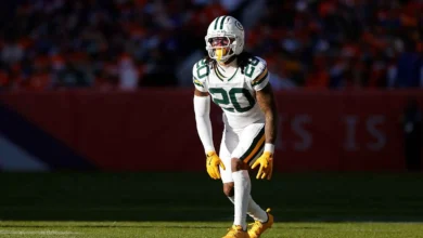 Dec 14, 2025; Denver, Colorado, USA; Green Bay Packers safety Javon Bullard (20) lines up on the line of scrimmage during the second quarter against the Denver…