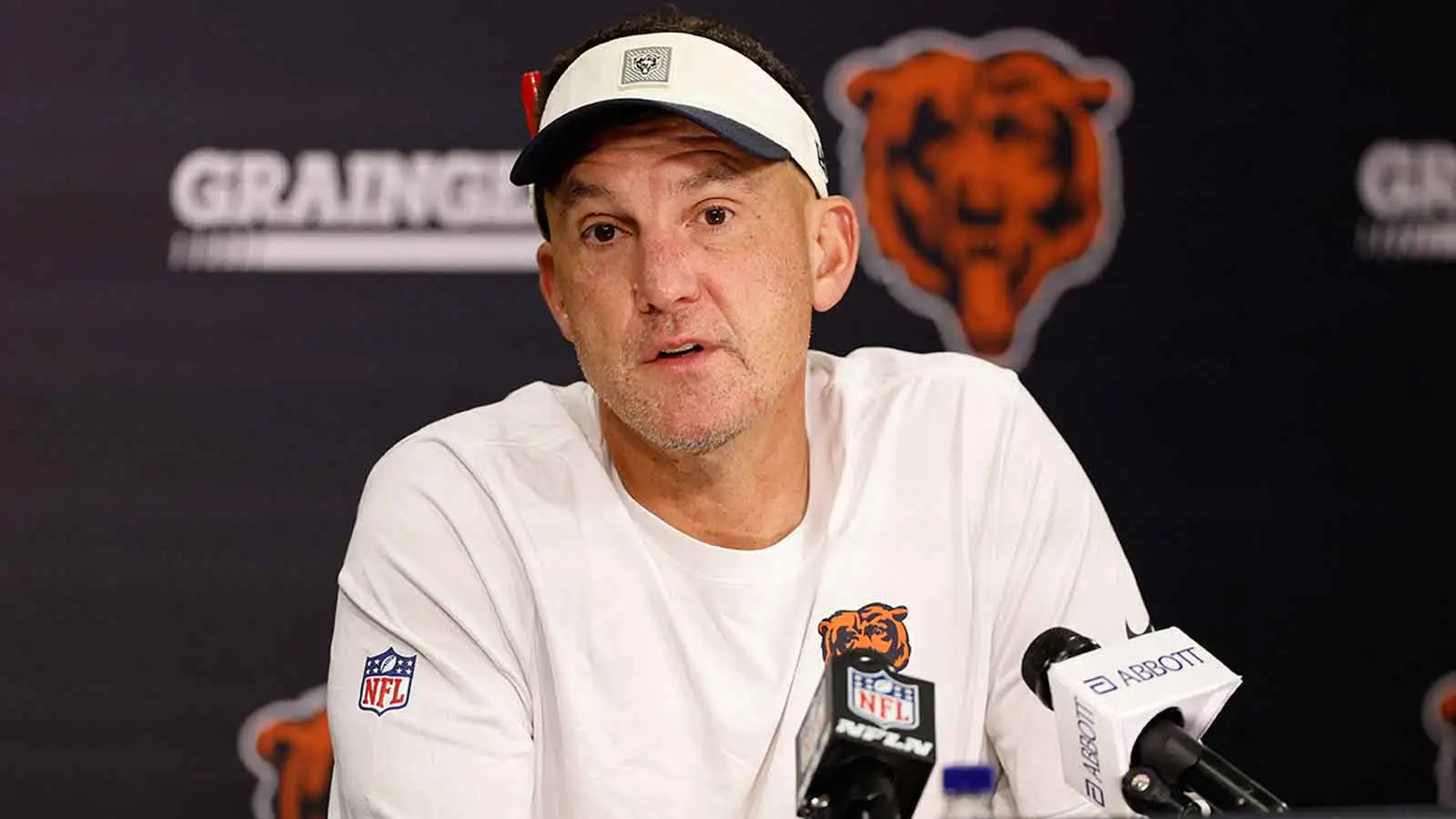 Jul 29, 2026; Lake Forest, IL, USA; Chicago Bears defensive coordinator Dennis Allen speaks during Chicago Bears Training Camp at Halas Hall. Mandatory Credit:…