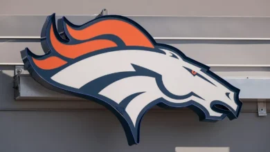 Aug 27, 2020; Englewood, Colorado, USA; A general view of the Denver Broncos logo outside of UCHealth Training Center where practice was cancelled after a morni…