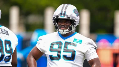 Jun 9, 2026; Charlotte, NC, USA; Carolina Panthers defensive end Derrick Brown (95) during th first day of mini camp at Bank of America Stadium practice facilit…