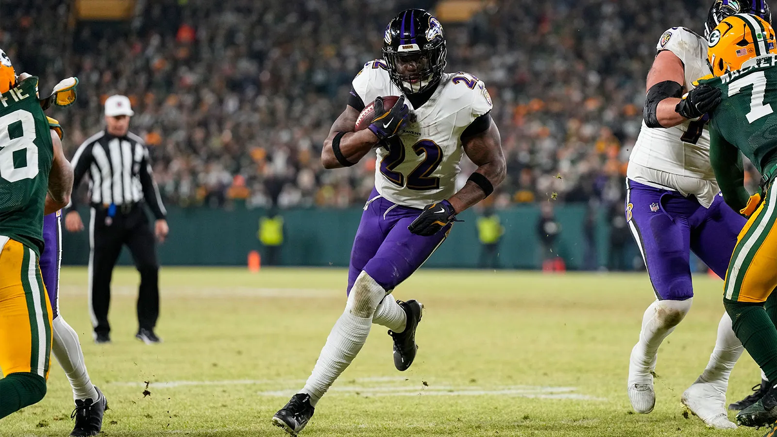 Dec 27, 2025; Green Bay, Wisconsin, USA; Baltimore Ravens running back Derrick Henry (22) during the game against the Green Bay Packers at Lambeau Field. Mandat…