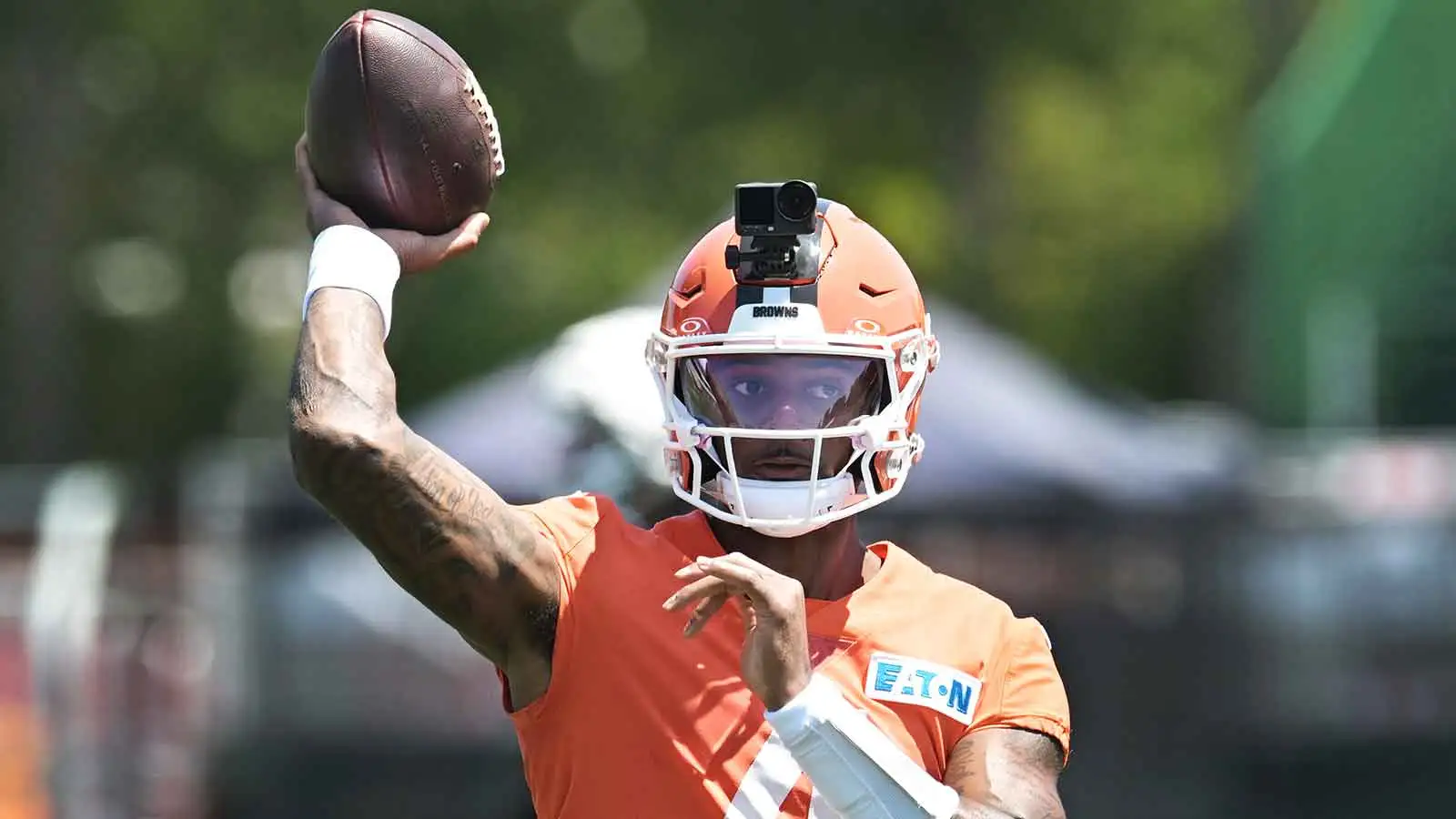 Jul 30, 2026; Berea, OH, USA; Cleveland Browns quarterback Deshaun Watson (4) throws a pass during training camp at CrossCountry Mortgage Campus. Mandatory Cred…