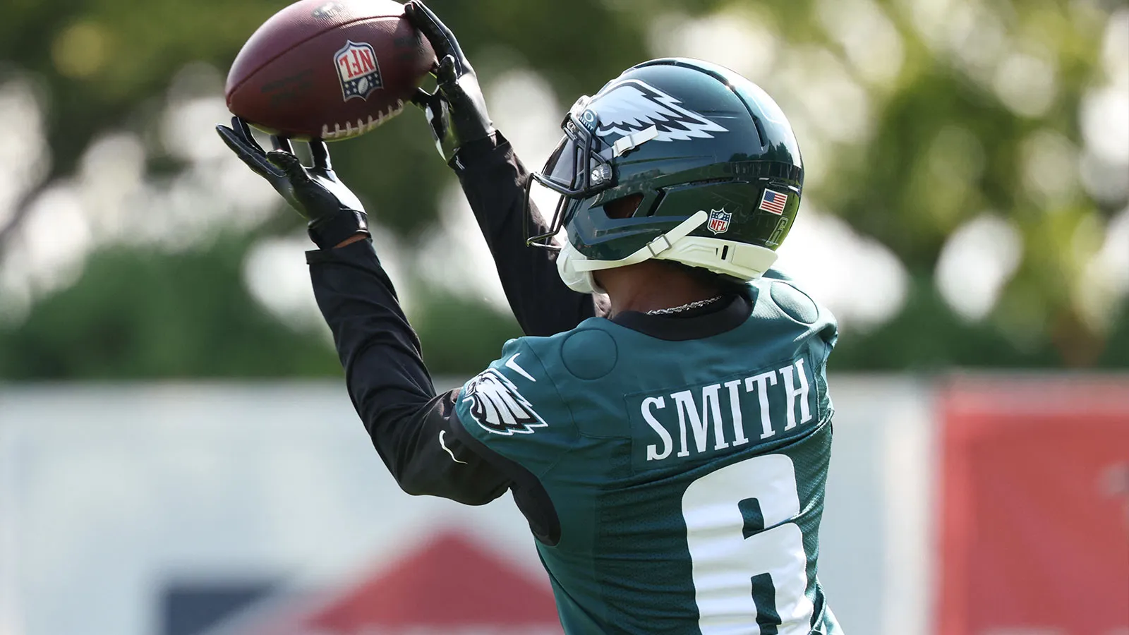 Jul 29, 2026; Philadelphia, PA, USA; Philadelphia Eagles wide receiver DeVonta Smith (6) catches a pass during training camp at Jefferson Health Training Comple…