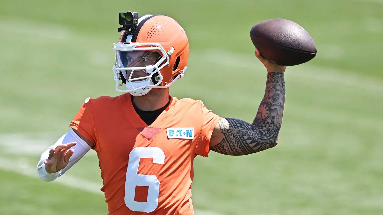 Jul 30, 2026; Berea, OH, USA; Cleveland Browns quarterback Dillon Gabriel (6) throws a pass during training camp at CrossCountry Mortgage Campus. Mandatory Cred…