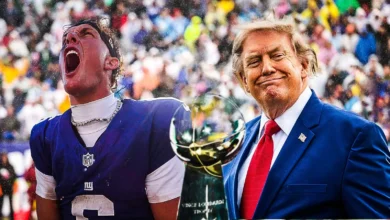 New York Giants quarterback Jaxson Dart (6) speaks at a press conference during organized team activities at Quest Diagnostics Training Center.