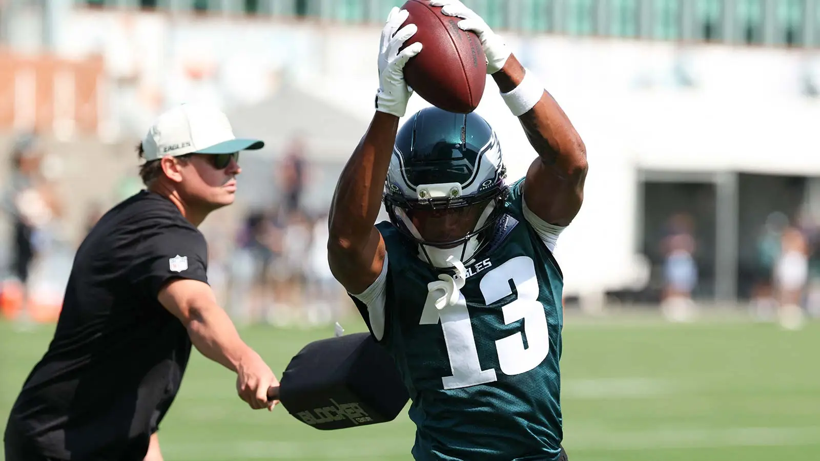 Jul 29, 2026; Philadelphia, PA, USA; Philadelphia Eagles wide receiver Dontayvion Wicks (13) catches a pass during training camp at Jefferson Health Training Co…