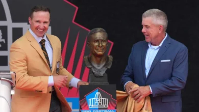 Aug 8, 2026; Canton, OH, USA; Pro Football Hall of Fame enshrinee Drew Brees presented by former New Orleans Saints coach Sean Payton during the Class of 2026 e…