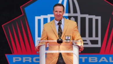 Aug 8, 2026; Canton, OH, USA; Pro Football Hall of Fame enshrinee Drew Brees speaks during the Class of 2026 enshrinement ceremony at Tom Benson Hall of Fame St…