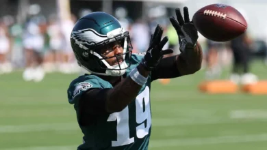 Jul 29, 2026; Philadelphia, PA, USA; Philadelphia Eagles wide receiver Elijah Moore (19) catches a pass during training camp at Jefferson Health Training Comple…