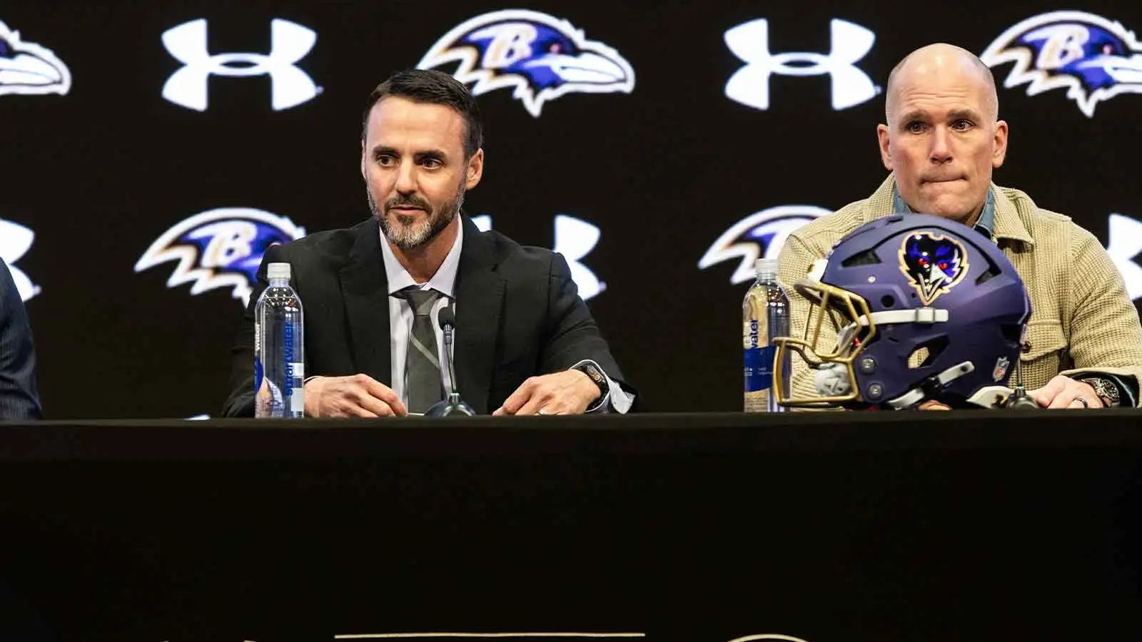 Jan 29, 2026; Owings Mills, MD, USA; Jesse Minter and Eric DeCosta at press conference at Under Armour Performance Center. Mandatory Credit: Lexi Thompson-Imagn…