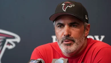Jul 29, 2026; Atlanta, Falcons, USA; Atlanta Falcons head coach Kevin Stefanski addresses the media prior to the start of training camp at IBM Performance Field…