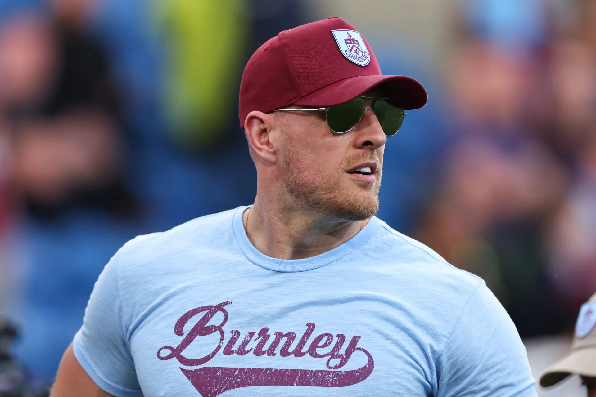 J.J. Watt gestures prior to the Premier League match between Burnley FC and Manchester City at Turf Moor