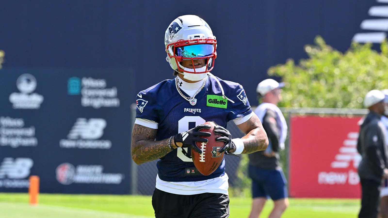Jul 25, 2026; Foxborough, MA, USA; New England Patriots cornerback Christian Gonzalez (0) works out at training camp at Gillette Stadium. Mandatory Credit: Eric…