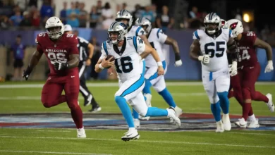 Aug 6, 2026; Canton, Ohio, USA; Carolina Panthers quarterback Haynes King (16) carries the ball against the Arizona Cardinals at Tom Benson Hall of Fame Stadium…