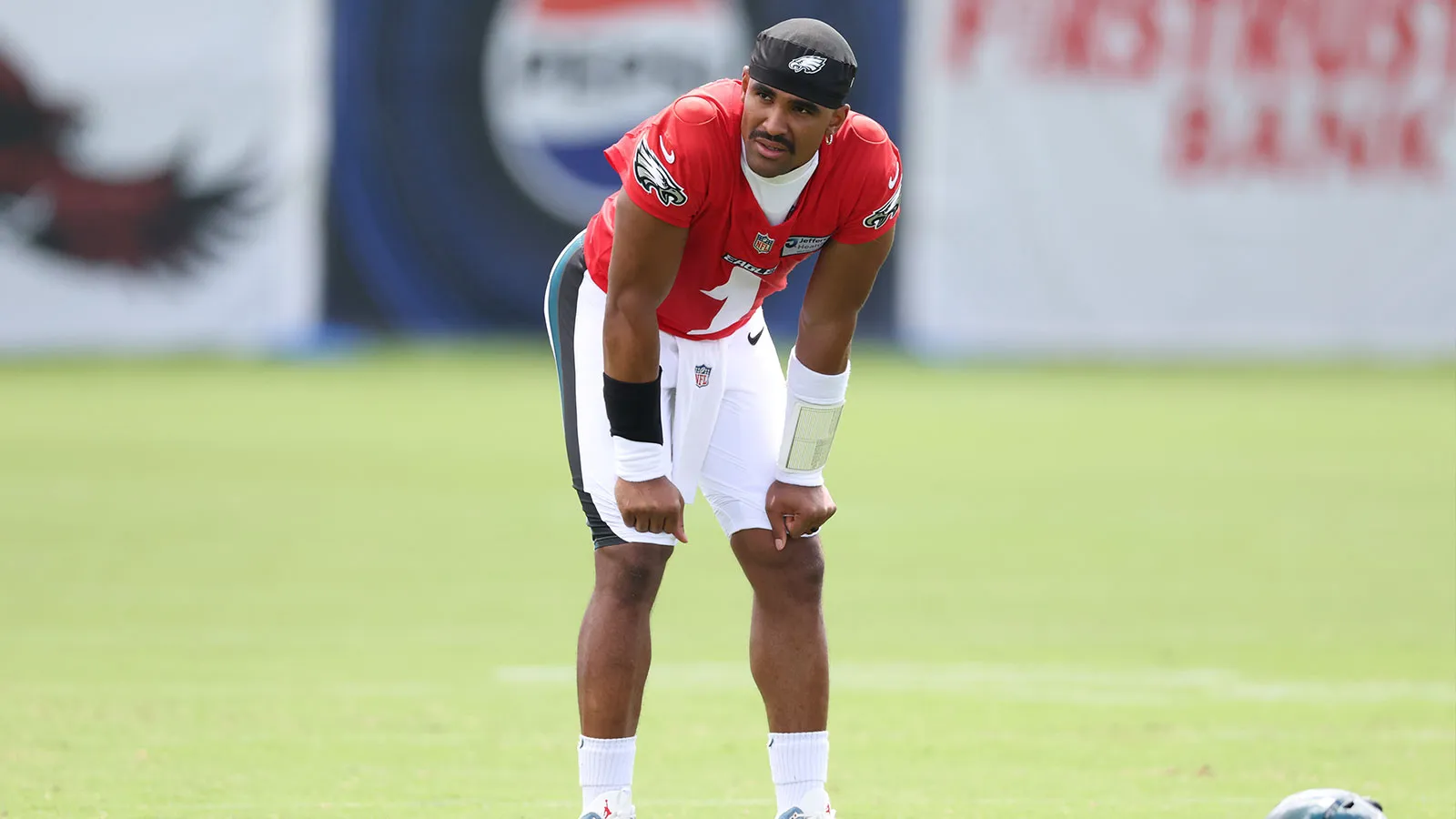 Jul 30, 2026; Philadelphia, PA, USA; Philadelphia Eagles quarterback Jalen Hurts (1) during training camp at Jefferson Health Training Complex. Mandatory Credit…