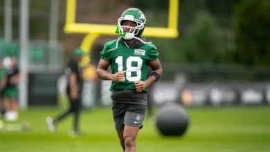 Jul 30, 2026; Florham Park, NJ, USA; New York Jets wide receiver Isaiah Williams (18) participates in a drill during training camp at Atlantic Health Jets Train…