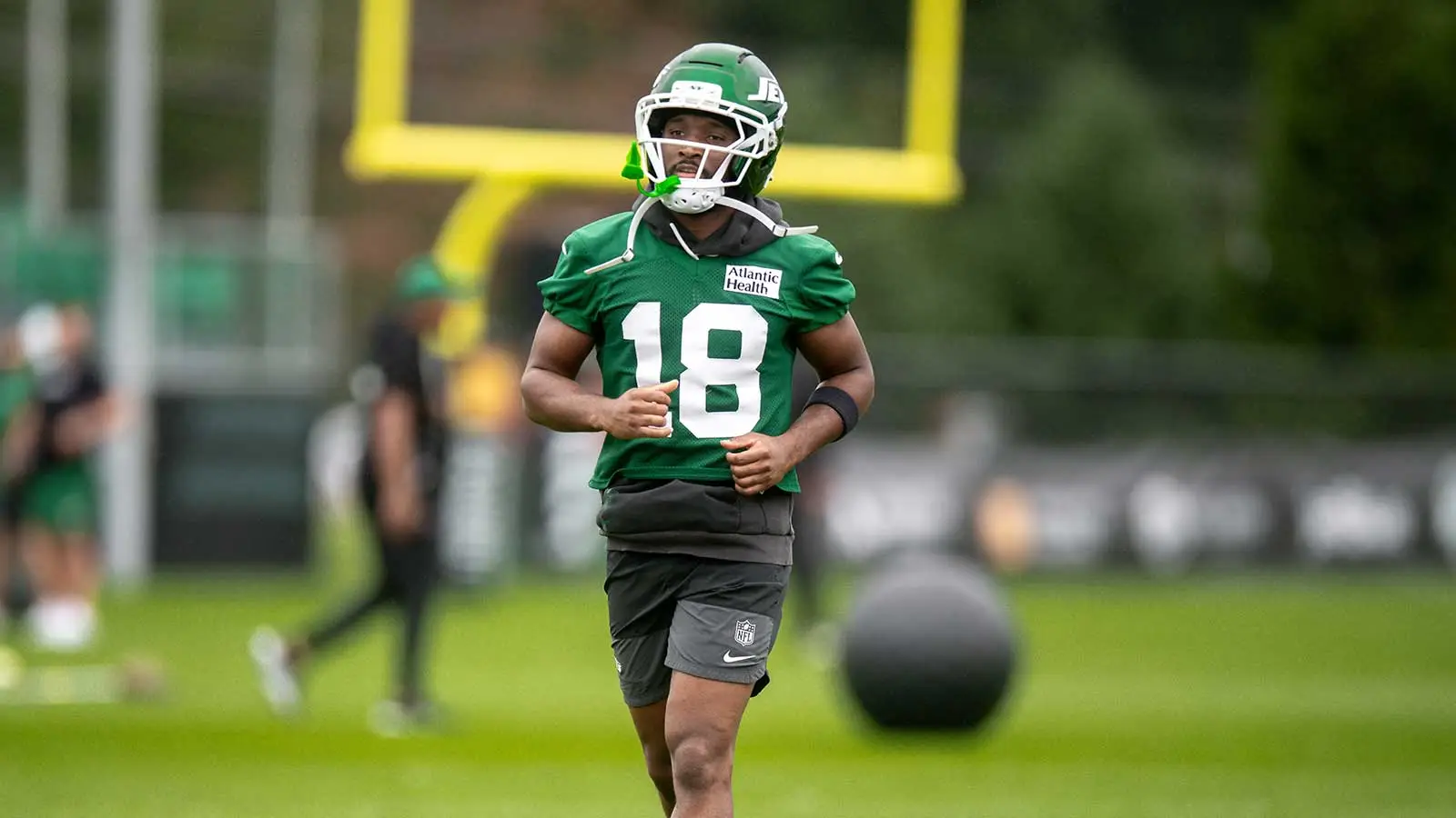 Jul 30, 2026; Florham Park, NJ, USA; New York Jets wide receiver Isaiah Williams (18) participates in a drill during training camp at Atlantic Health Jets Train…