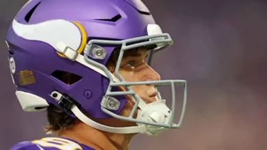 Sep 14, 2025; Minneapolis, Minnesota, USA; Minnesota Vikings quarterback J.J. McCarthy (9) takes the field before the game against Atlanta Falcons at U.S. Bank…