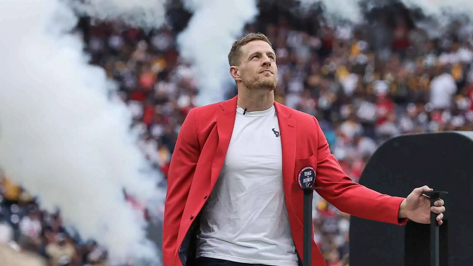 Oct 1, 2023; Houston, Texas, USA; Former Houston Texans player J.J. Watt after being inducted into the Texans Ring of Honor during the game against the Pittsbur…