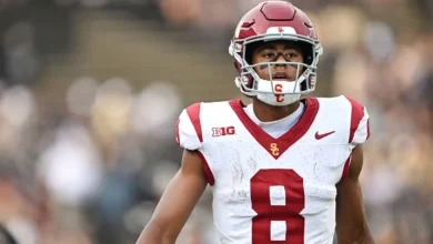 Sep 13, 2025; West Lafayette, Indiana, USA; Southern California Trojans wide receiver Ja'Kobi Lane (8) warms up on the field before the game against the Purdue…