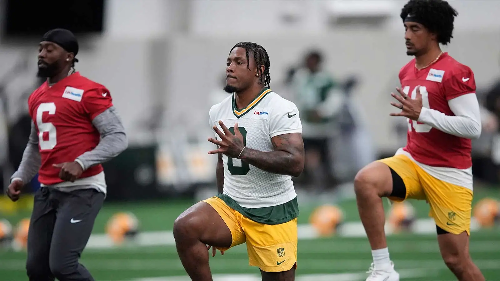 Green Bay Packers Josh Jacobs (8) participates in mandatory minicamp Thursday, June 11, 2026, at the Don Hutson Center in Green Bay, Wisconsin. Dan Powers/USA T…