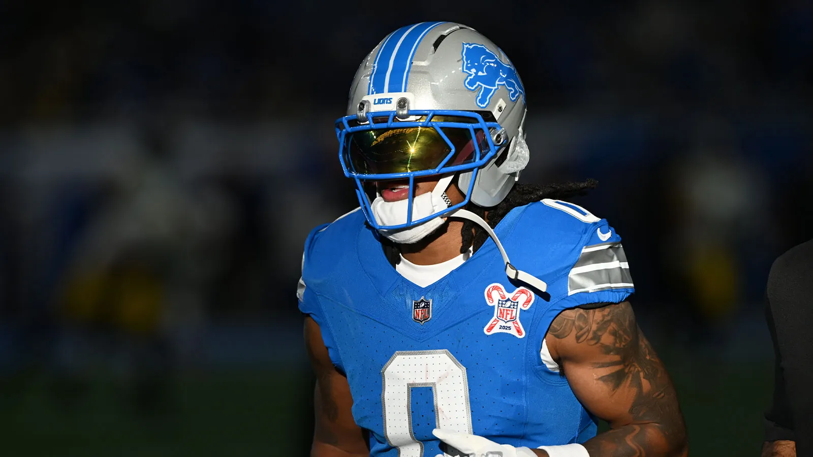 Dec 21, 2025; Detroit, Michigan, USA; Detroit Lions running back Jahmyr Gibbs (0) warms up before the game against the Pittsburgh Steelers at Ford Field. Mandat…