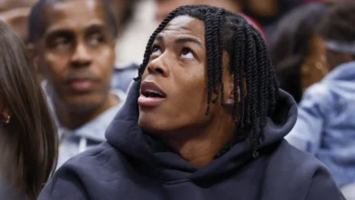 May 7, 2026; Detroit, Michigan, USA; Detroit Lions running back Jahmyr Gibbs looks on in the second half of the game between the Detroit Pistons and the Clevela…