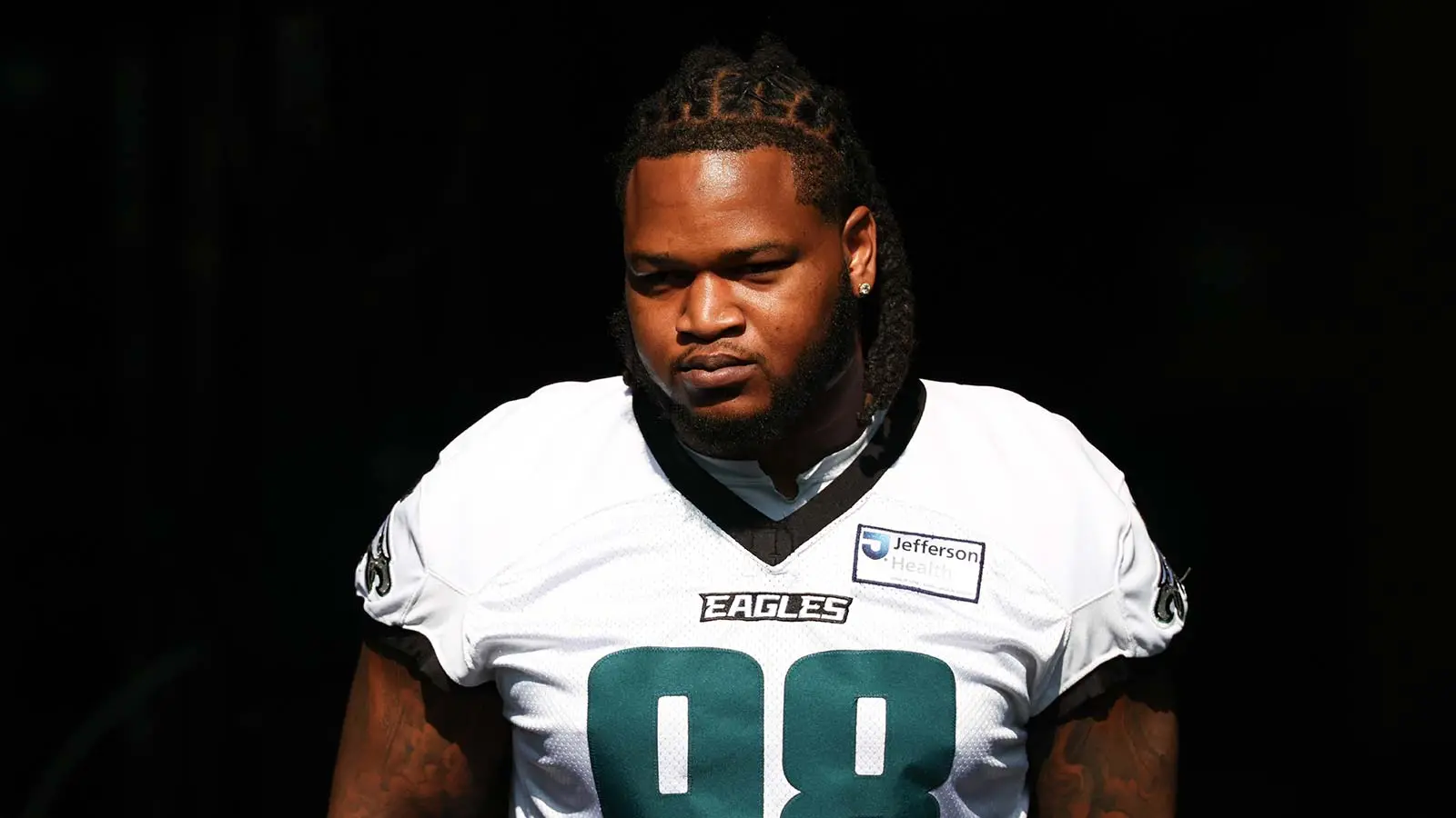 Jul 29, 2026; Philadelphia, PA, USA; Philadelphia Eagles defensive tackle Jalen Carter (98) takes the field for training camp at Jefferson Health Training Compl…