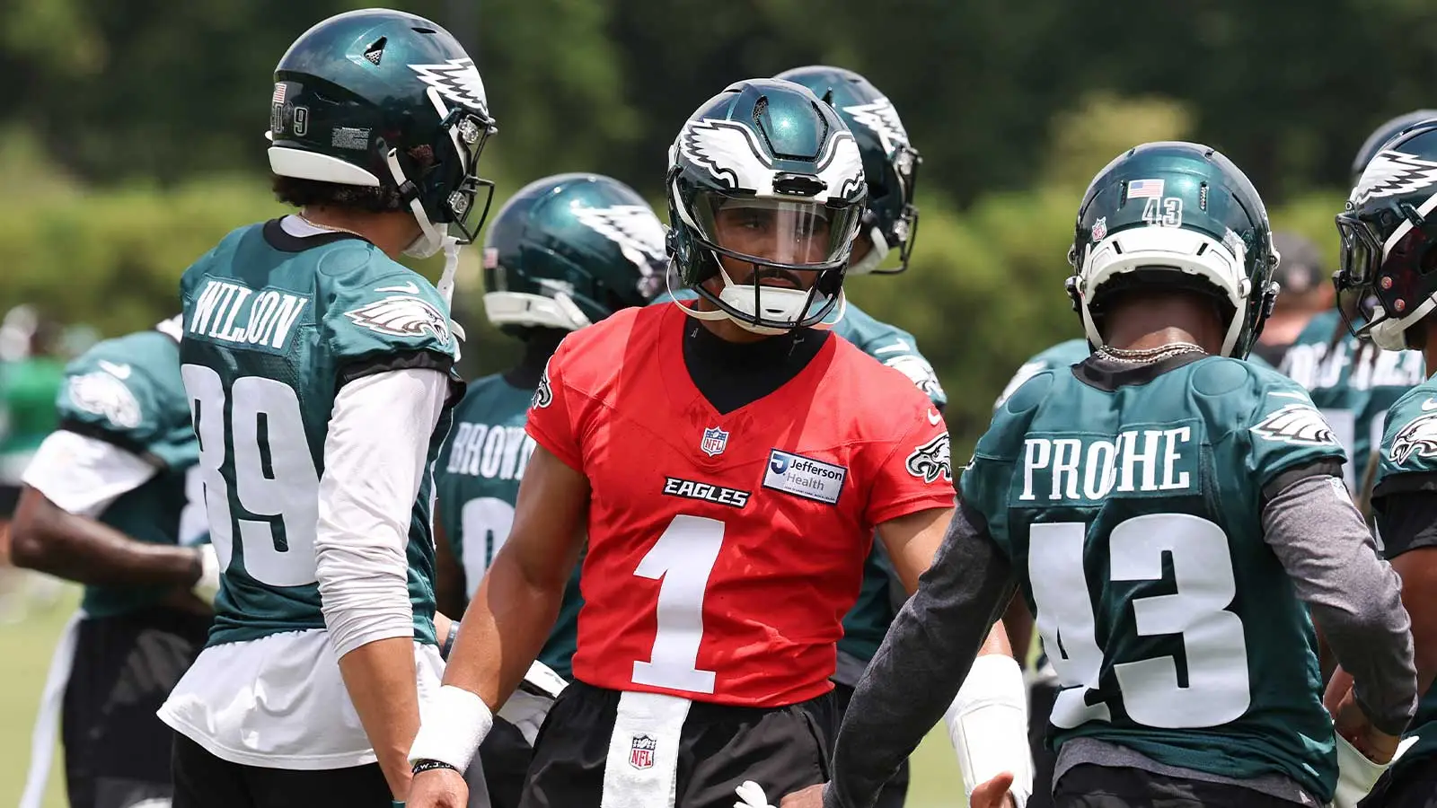 Philadelphia Eagles quarterback Jalen Hurts (1) in action during minicamp at Jefferson Health Training Complex.