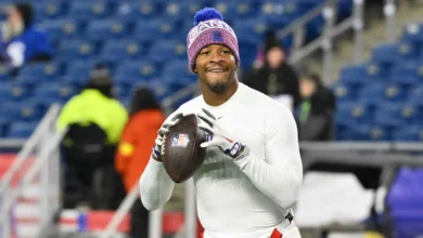 Dec 1, 2025; Foxborough, Massachusetts, USA; New York Giants quarterback Jameis Winston (19) warms up prior to the game against the New England Patriots at Gill…