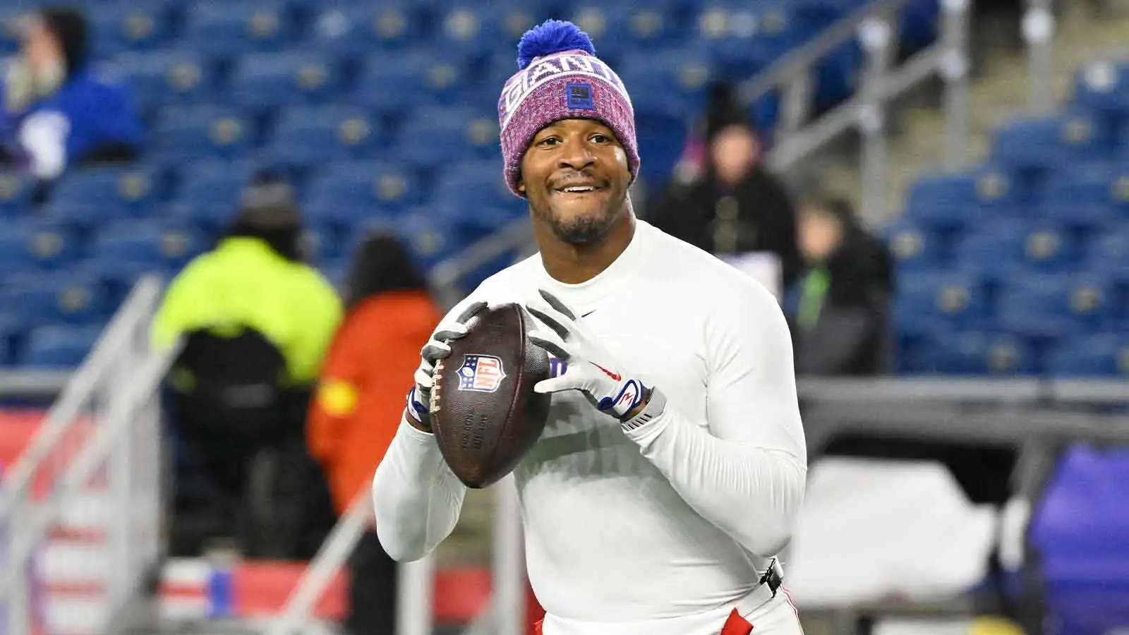 Dec 1, 2025; Foxborough, Massachusetts, USA; New York Giants quarterback Jameis Winston (19) warms up prior to the game against the New England Patriots at Gill…