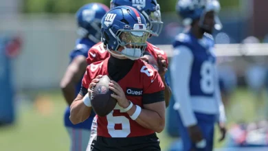 Jun 3, 2026; East Rutherford, NJ, USA; New York Giants quarterback Jaxson Dart (6) passes the ball during organized team activities at Quest Diagnostics Trainin…