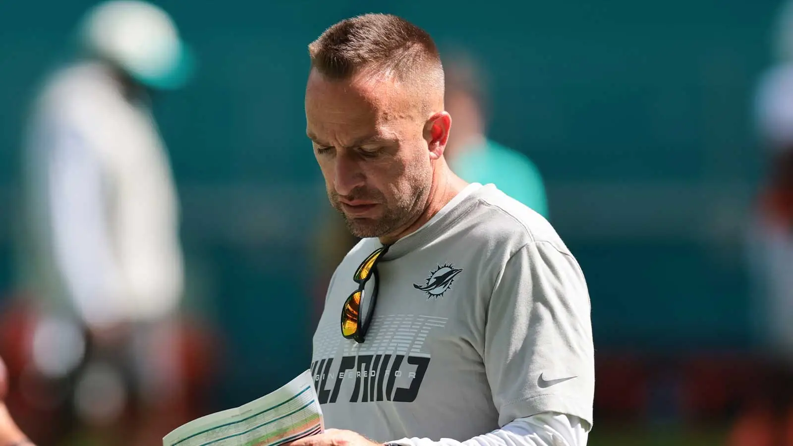 Aug 8, 2026; Miami Gardens, FL, USA; Miami Dolphins head coach Jeff Hafley works during practice at Hard Rock Stadium. Mandatory Credit: Sam Navarro-Imagn Image…
