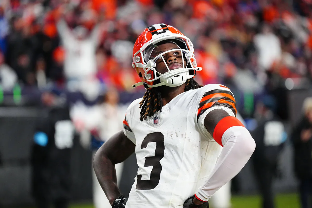 Dec 2, 2024; Denver, Colorado, USA; Cleveland Browns wide receiver Jerry Jeudy (3) reacts following his touchdown reception in the third quarter against the Den…